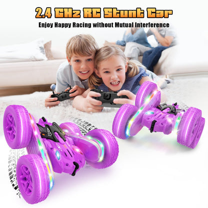 Jimdella Remote Control Car,RC Cars with sides light strip and Headlights,Double Sided 360 Flips Rotating RC Stunt Car,2.4Ghz All Terrain Toys for Ages 4-6 Kid Toy for Boys Girls Birthday Gift(Purple)
