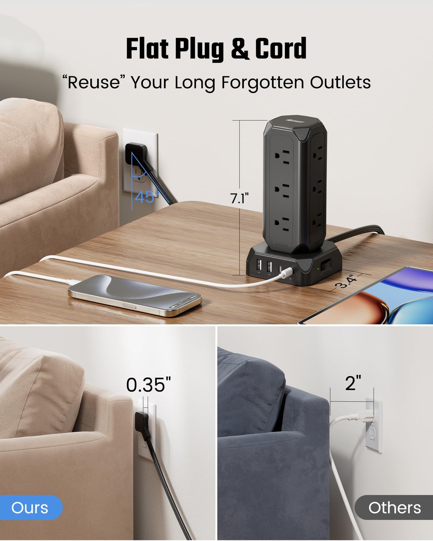 12-Outlets Power Strip Tower with USB Charging