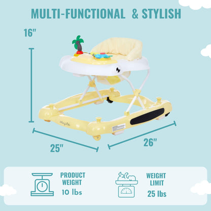 Dream on Me 2-in-1 Aloha Fun Baby Walker in Yellow, Easily Convertible Baby Walker, Adjustable Three Position Height Settings, Easy to Fold and Store