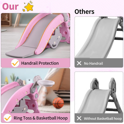 5-and-1 Kids Slide,Indoor Outdoor Playset for Toddlers Age 1-3,Kids Slide Indoor and Outdoor Playground,Toddler Slide with Ball & Hoop(Pink)