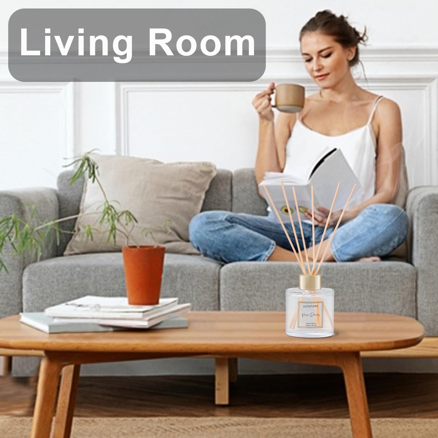 100ml Scent Diffuser with 6 Fiber Sticks, 3.5 oz Reed Diffuser Set Aromatherapy Fragrance Diffusers Air Fresheners for Home Bedroom Bathroom (Peach)