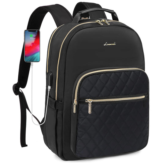 LOVEVOOK Laptop Backpack Purse for Women, Work Business Travel Computer Bags with 15.6 Inch Laptop Compartment, Teacher Nurse Backpack for Womens, Quilted Casual Daypack with USB Port, Black