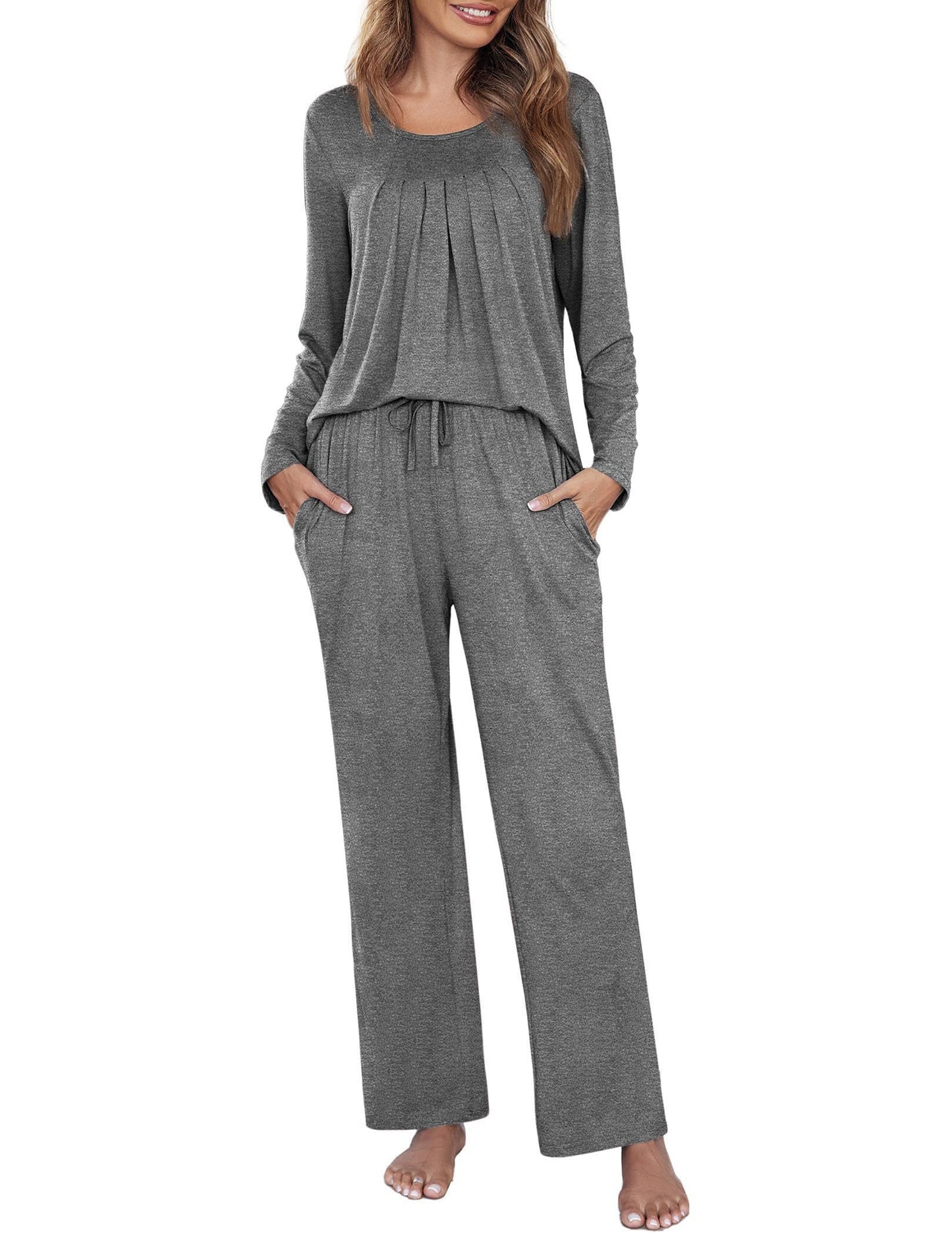 Ekouaer Women's Pajama Set 2 Piece Loungewear Soft Pjs Casual Lounge Sets with Pockets,M.Grey,S