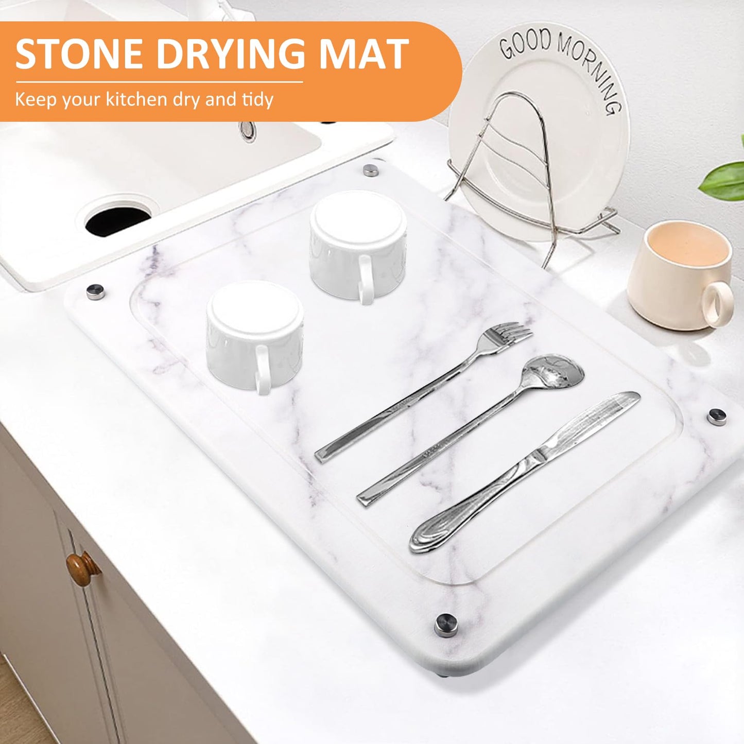 Upgrade Stone Dish Drying Mat with Grooves, Ultra Absorbent, Quick Dry, Heat Resistant, Diatomaceous Earth Sink Tray Drying Mat for Kitchen Counter, for Dishes, Pets Bowls, Plant Pots