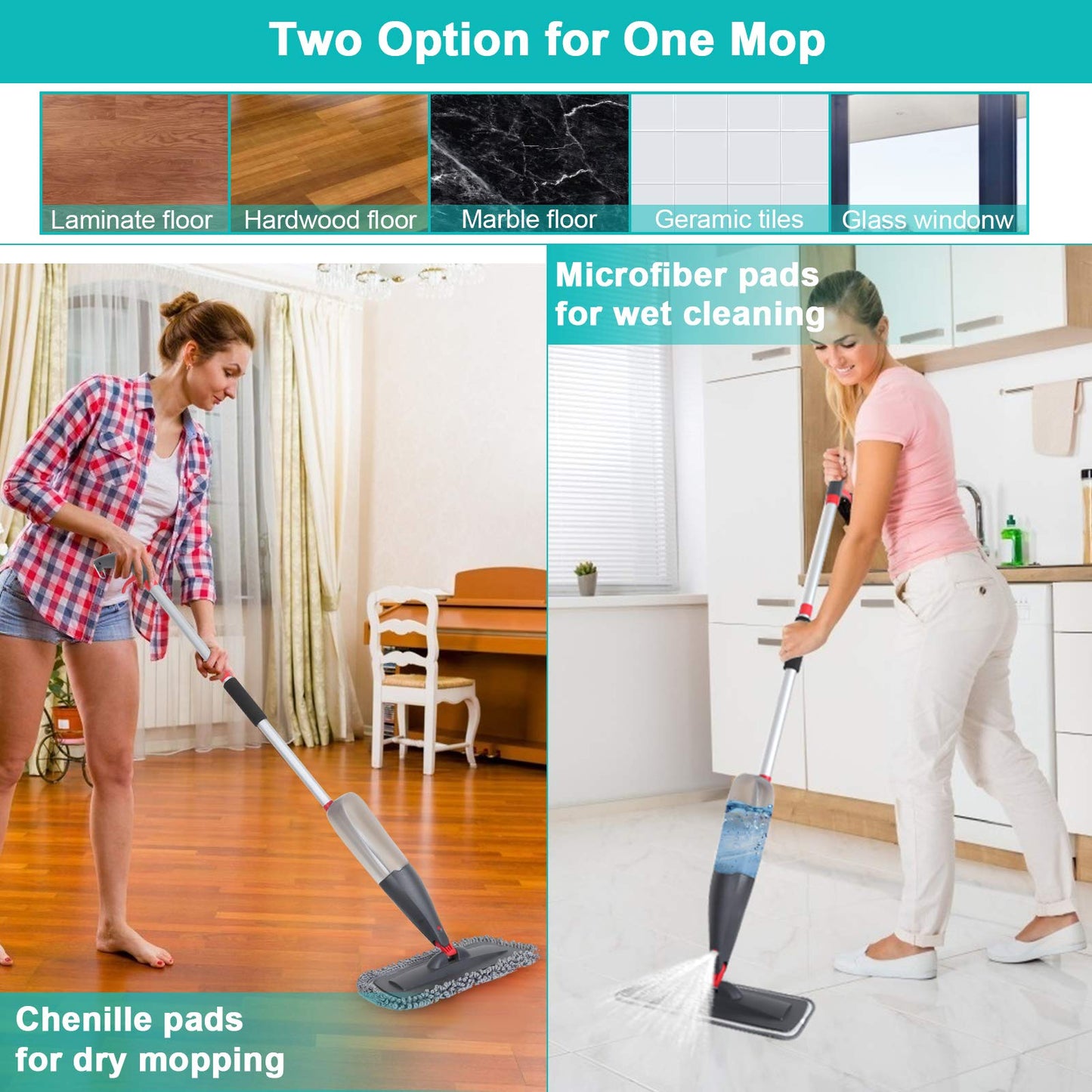Spray Mop with 3 Washable Pads for Floors