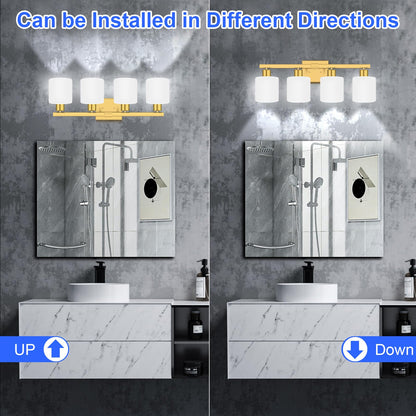 Bivemetn 4-Light Bathroom Light Fixtures Over Mirror, Modern Gold Vanity Lights with White Frosted Glass Shade, Bathroom Light Fixture for Mirror Bedroom, Living Room Hallway