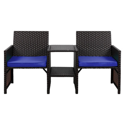 Shintenchi Wicker Patio Conversation Furniture Set with Detachable Chairs & Table and Two Removable Cushions,Rattan Wicker Lover Chair for Patio,Garden, Courtyard and Lawn Backyard (Deep Blue)