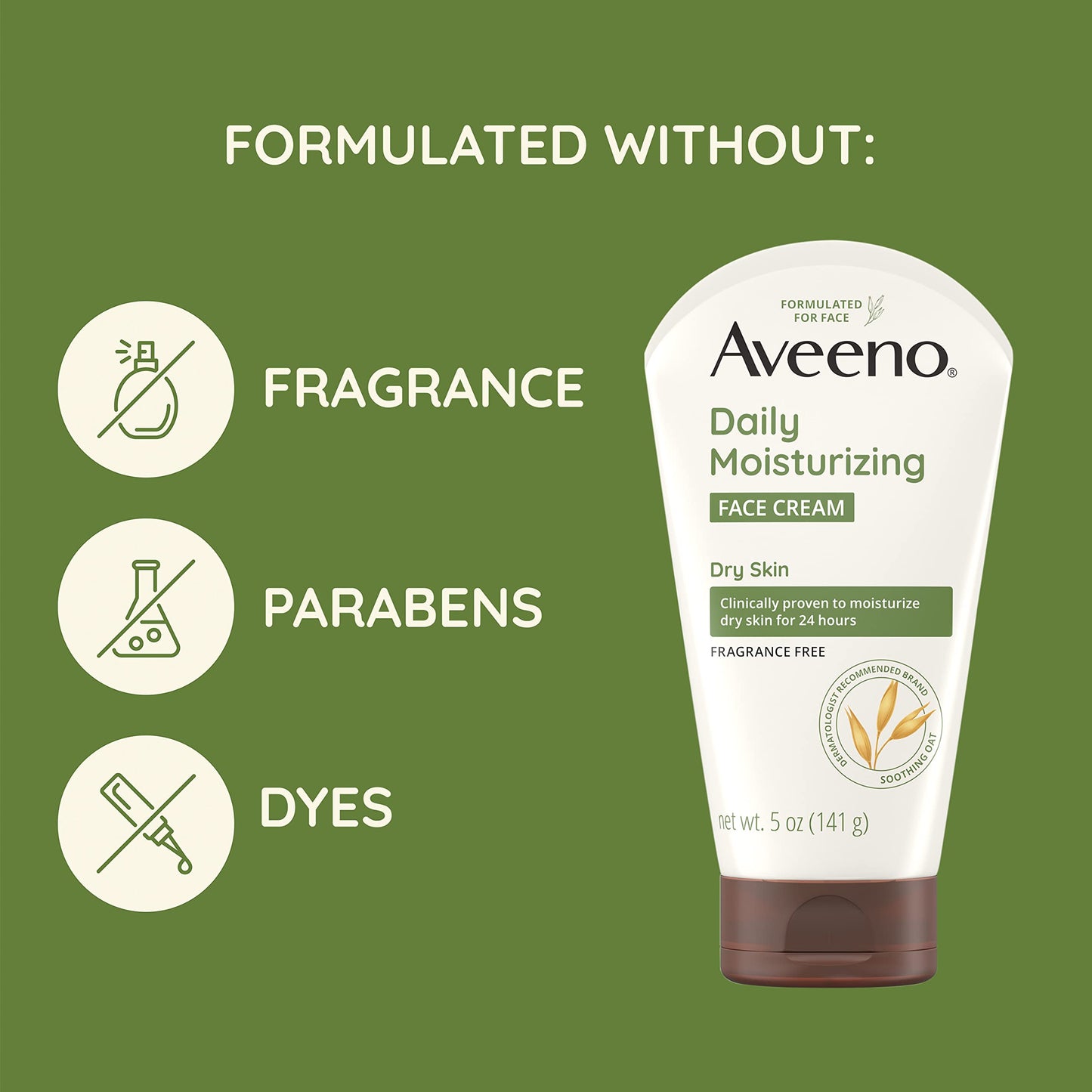 Aveeno Daily Moisturizing Face Cream with Prebiotic Oat for Sensitive Skin, Lightweight Hydrating Face Moisturizer for Dry Skin, Paraben-Free, Fragrance-Free, Dye-Free, 5 FL OZ