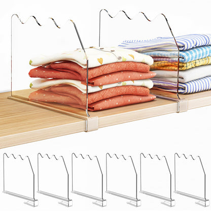 SPACEKEEPER Shelf Dividers for Closet Organization, Clear Closet Shelf Divider for Clothes Purses Separators, Wood Shelves Organizer for Bedroom, Kitchen, Office, Cabinets, Bathroom, 6 Pack