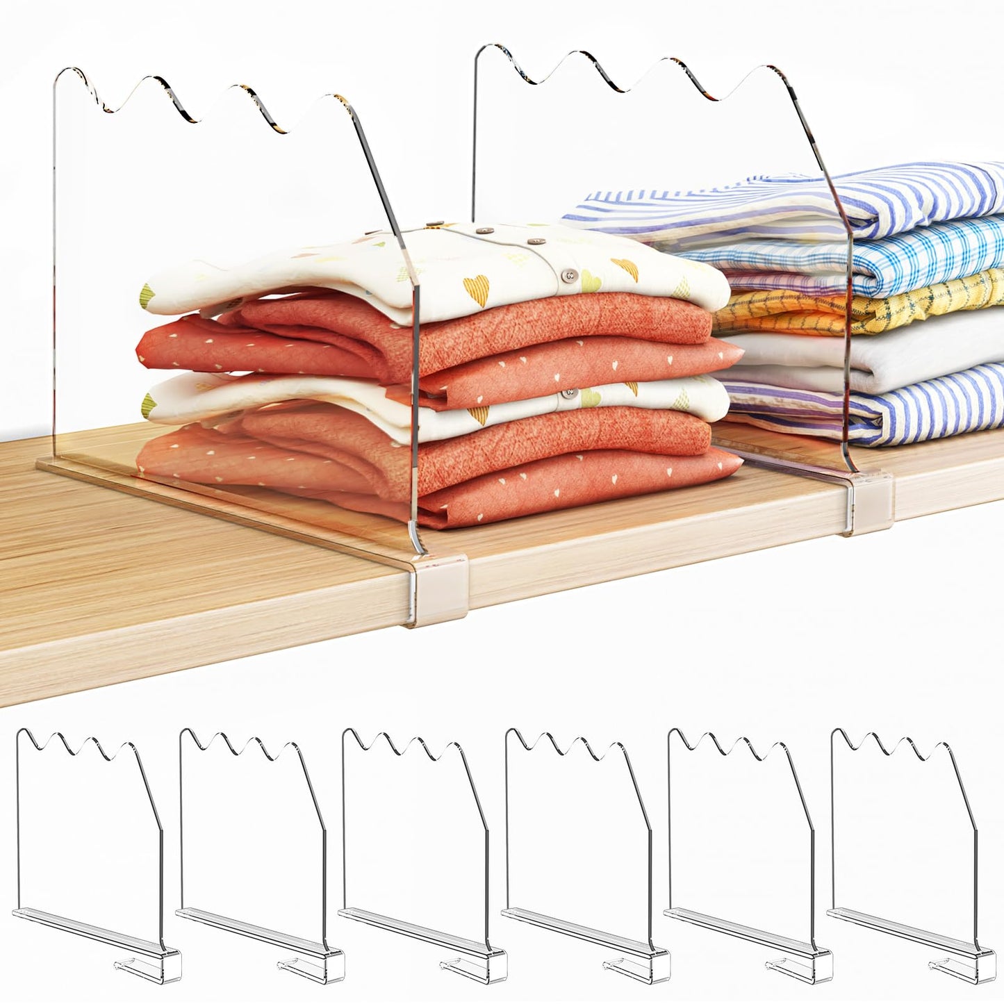 SPACEKEEPER Shelf Dividers for Closet Organization, Clear Closet Shelf Divider for Clothes Purses Separators, Wood Shelves Organizer for Bedroom, Kitchen, Office, Cabinets, Bathroom, 6 Pack