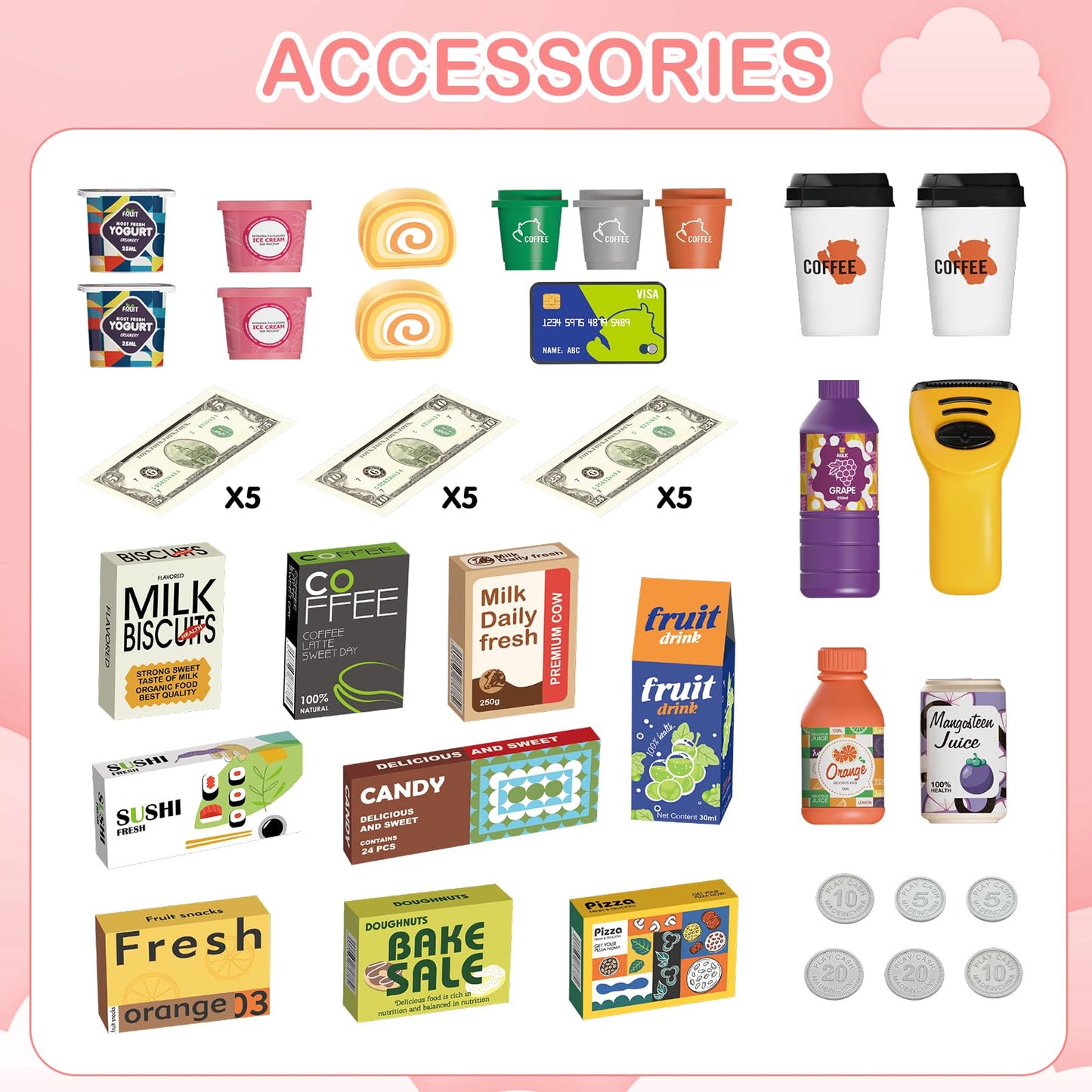 deAO Toy Cash Register for Kids Pretend Play Store Calculator Money 3 in 1 Coffee Machine Set Toys with Water Outlet Function Play Food Gifts Learning Toys for Kids Boys Girls (Pink)