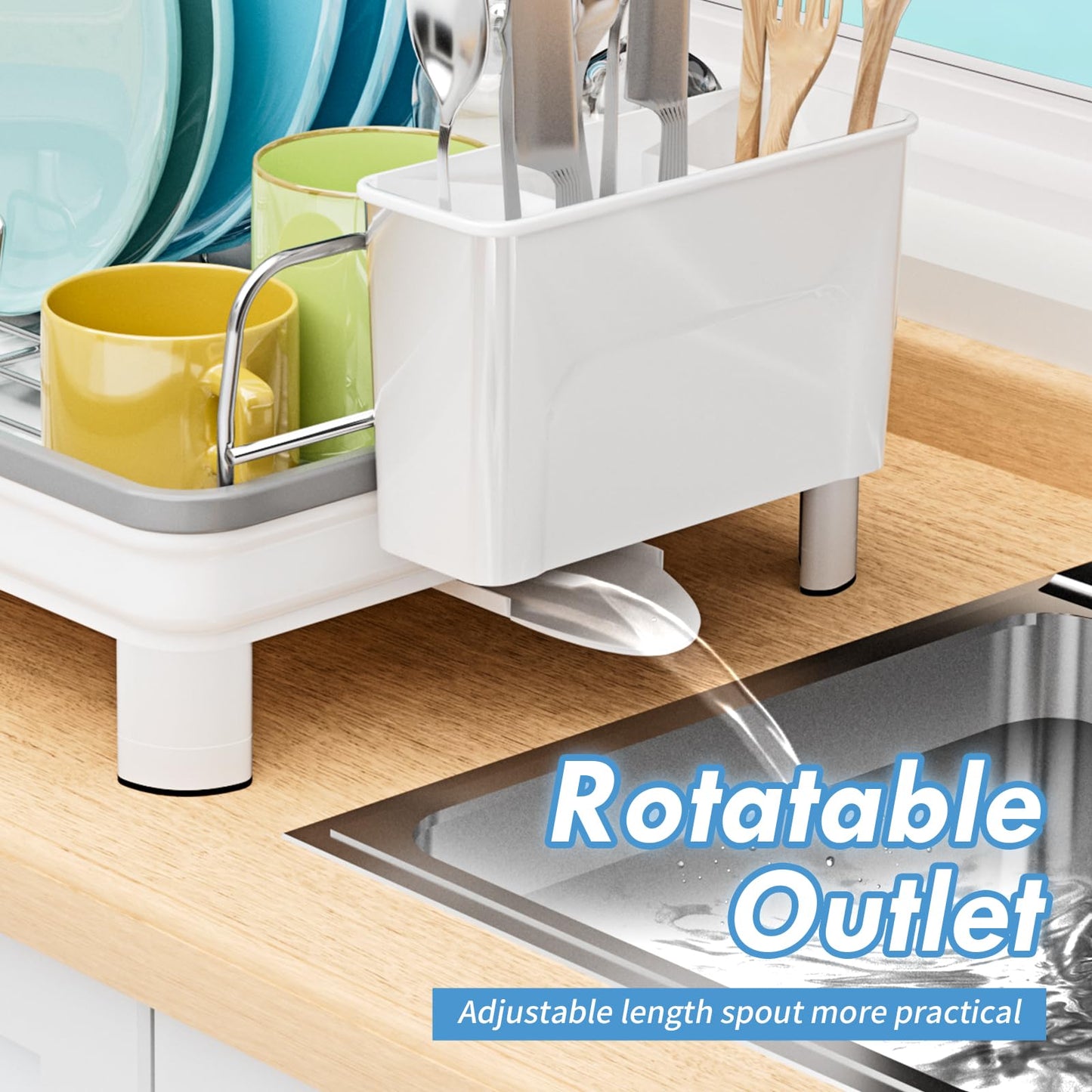 Ewaiira Dish Drying Rack, Dish Racks for Kitchen Counter, Anti-Rust Dish Dryer Rack with 360° Swivel Spout Drainboard Set, Utensil Holder and Cup Holder for Kitchen Countertop (White)