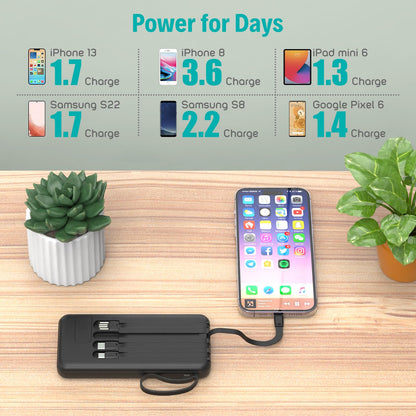 10000mAh Portable Charger with Built-in Cables