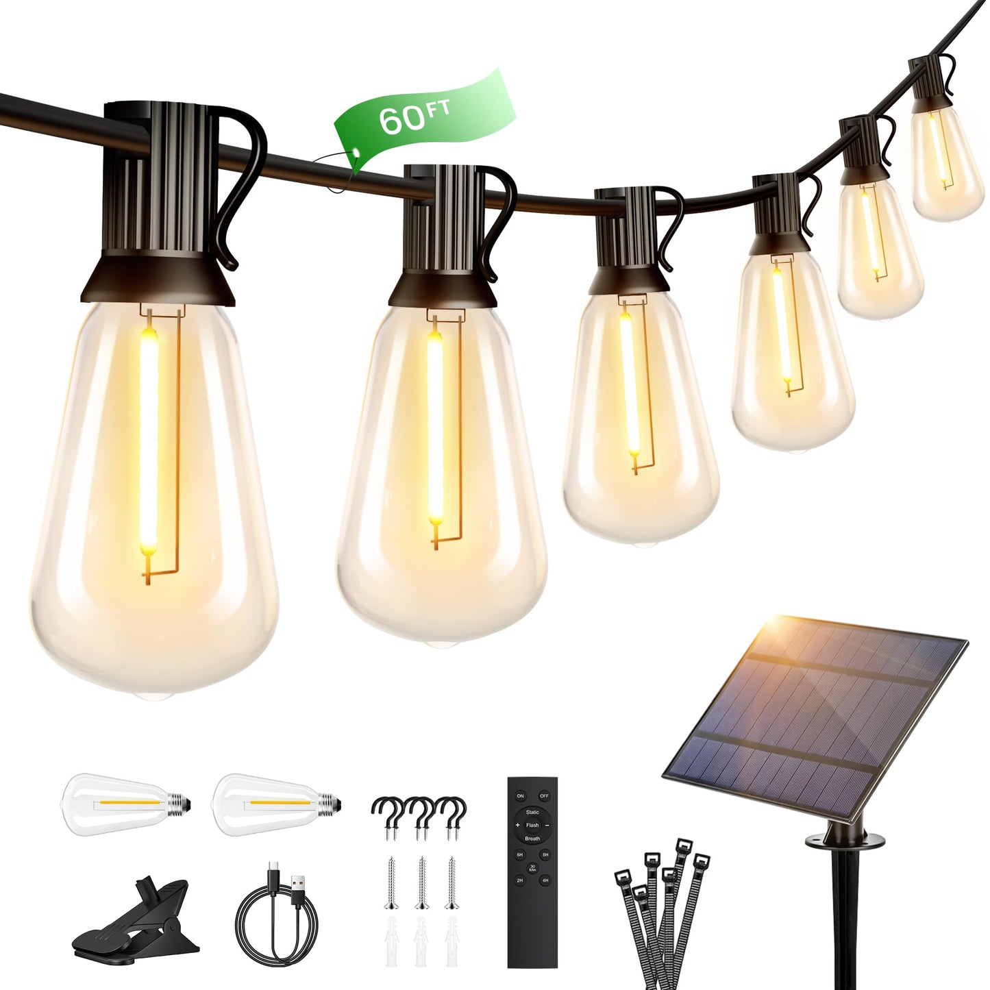 OHLUX 60FT Solar Globe String Lights Outdoor, Shatterproof Solar Patio Lights with Remote, 27 Dimmable ST38 LED Filament Bulbs, 2200K Soft Warm White Edison Hanging Light for Outside Canopy Deck