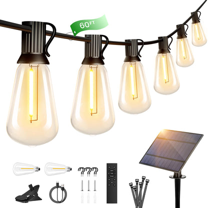 OHLUX 60FT Solar Globe String Lights Outdoor, Shatterproof Solar Patio Lights with Remote, 27 Dimmable ST38 LED Filament Bulbs, 2200K Soft Warm White Edison Hanging Light for Outside Canopy Deck