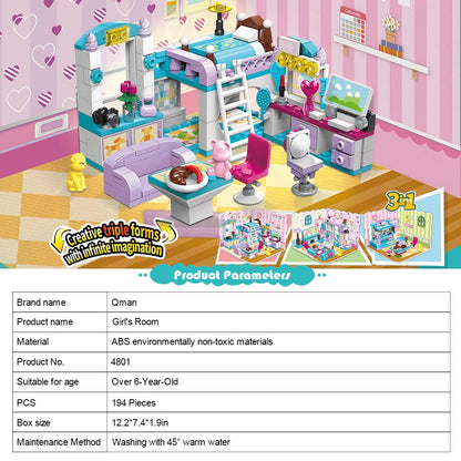 QMAN 6-12 Girl's Dream Home Building Blocks Kit Educational Toy, Build Girl's Bedroom Living Room Kitchen, 3 Building Methods (194 Pieces)