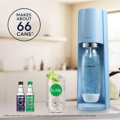 SodaStream Terra Sparkling Water Maker Bundle (Misty Blue), with CO2, DWS Bottles, and Bubly Drops Flavors