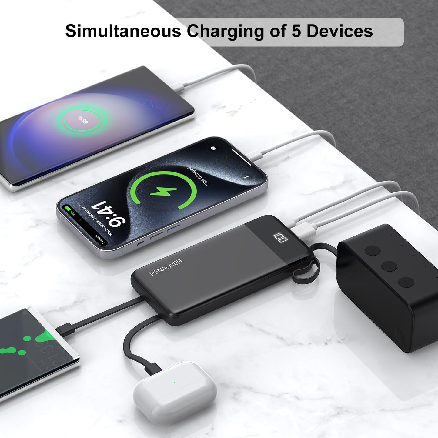 Portable 10000mAh Power Bank with Built-in Cable