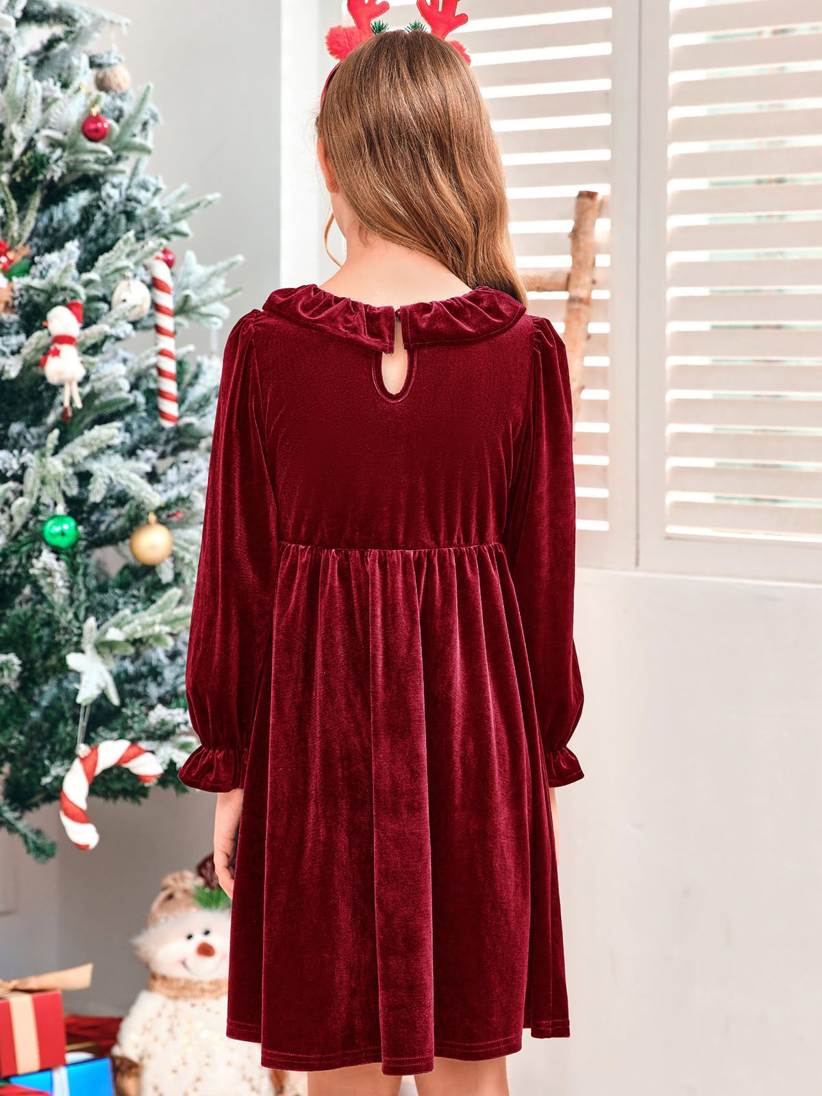 Girls Long Sleeve Velvet Ruffle Dress 5-14 Years