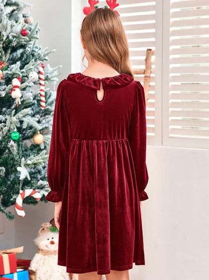 Girls Long Sleeve Velvet Ruffle Dress 5-14 Years