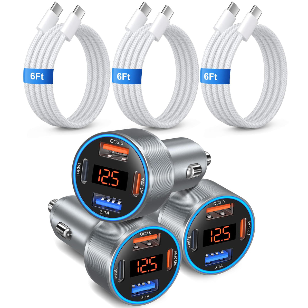 65W 4-Port USB-C Fast Car Charger Adapter