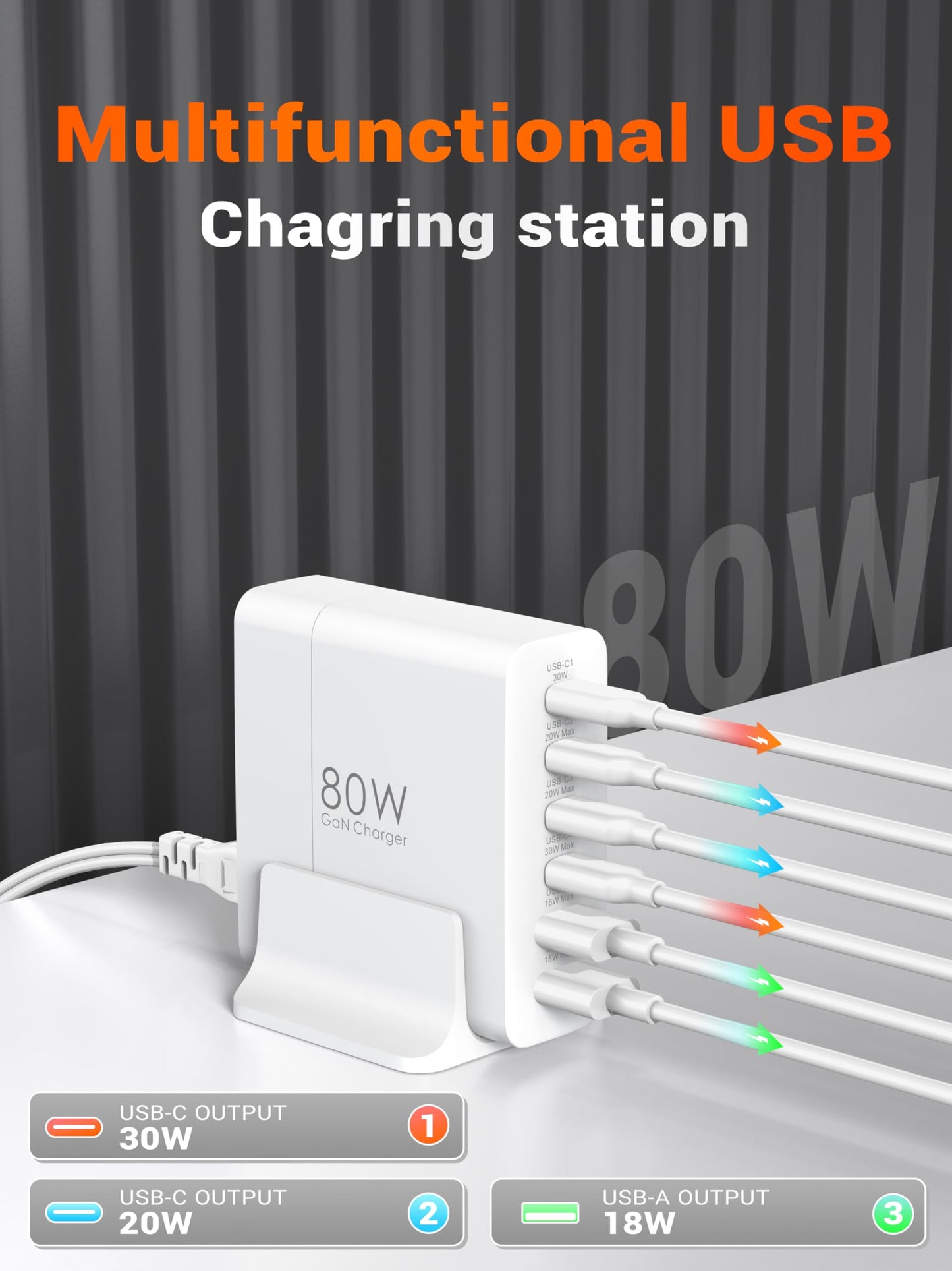 TOPADRE USB C Charger Block 80W, 6 Port Fast Charging Station Powered USB C Hub PD Charger for iPhone 15/14/13 Pro Max, iPad Pro/Air/Mini, for Samsung Galaxy S24, MacBook Pro/Air, White