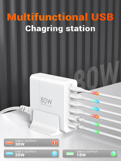 80W 6-Port USB C Fast Charger Station