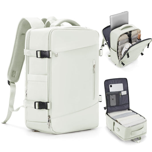 Large Travel Backpack for Women Carry On Airline Flight Approved Expandable Work Personal Item size Backpack Bag with Laptop compartment for College Men Waterproof Hiking Mochila de Viaje MoonWhite