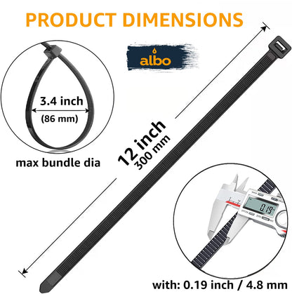 Albo Heavy Duty 12" Black Zip Ties 1000 Pack