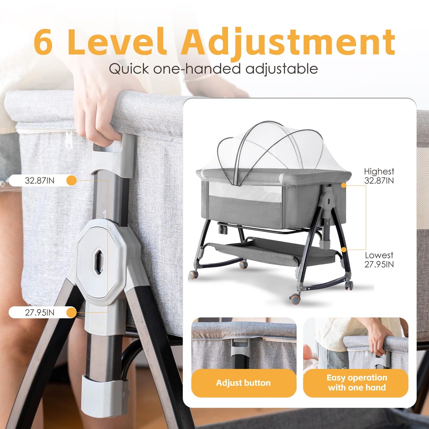 venowu Bedside Crib, 3 in 1 Bassinet with Quick Height Adjustment and Mosquito Nets, Easy to Fold, Portable Beside Bassinet with Golden Triangle Structure, CPSC Certification（Deep Grey）