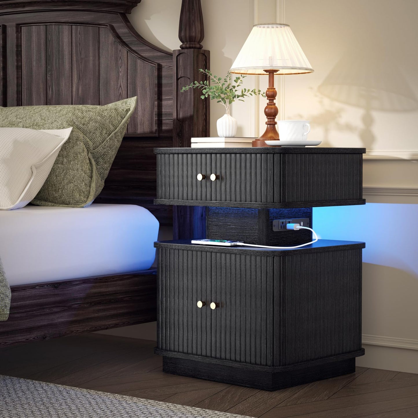LED Nightstand with Charging Station and Drawers