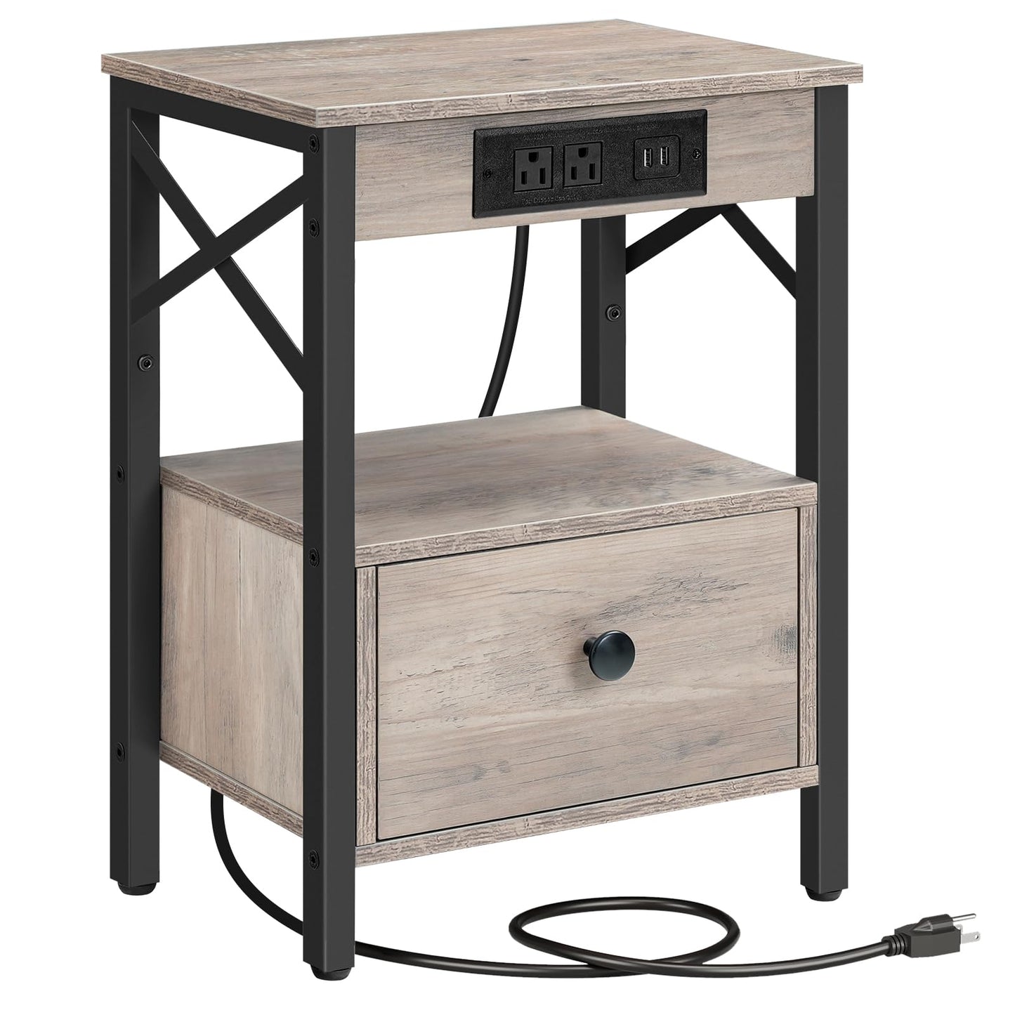 HOOBRO Nightstand with Charging Station, End Table with Drawer, Side Table with USB Ports Outlet, Sofa Beside Table with Storage Shelf for Small Space in Bedroom, Greige BG128UBZ01G1