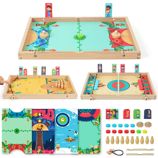 QZMTOY Large Fast Sling Puck Game Air Hocky Table Game Bowling Games -10 in 1 Family Games for Boys Girls,Teens,Adults,Wooden Hockey Board Game for 3+ Years Old Kids