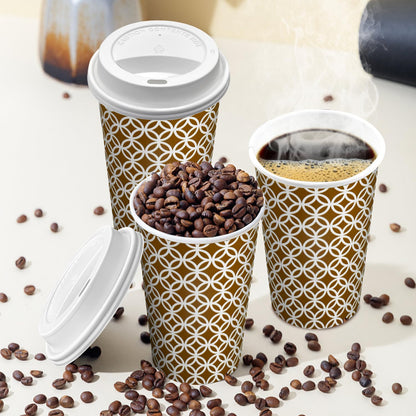 Ginkgo 100 Pack Disposable To Go Coffee Cups with Lids 16 oz, Brown Minimalist Pattern Paper Hot CoCoa Cups Suitable for Travel, Party, Shops Cafes