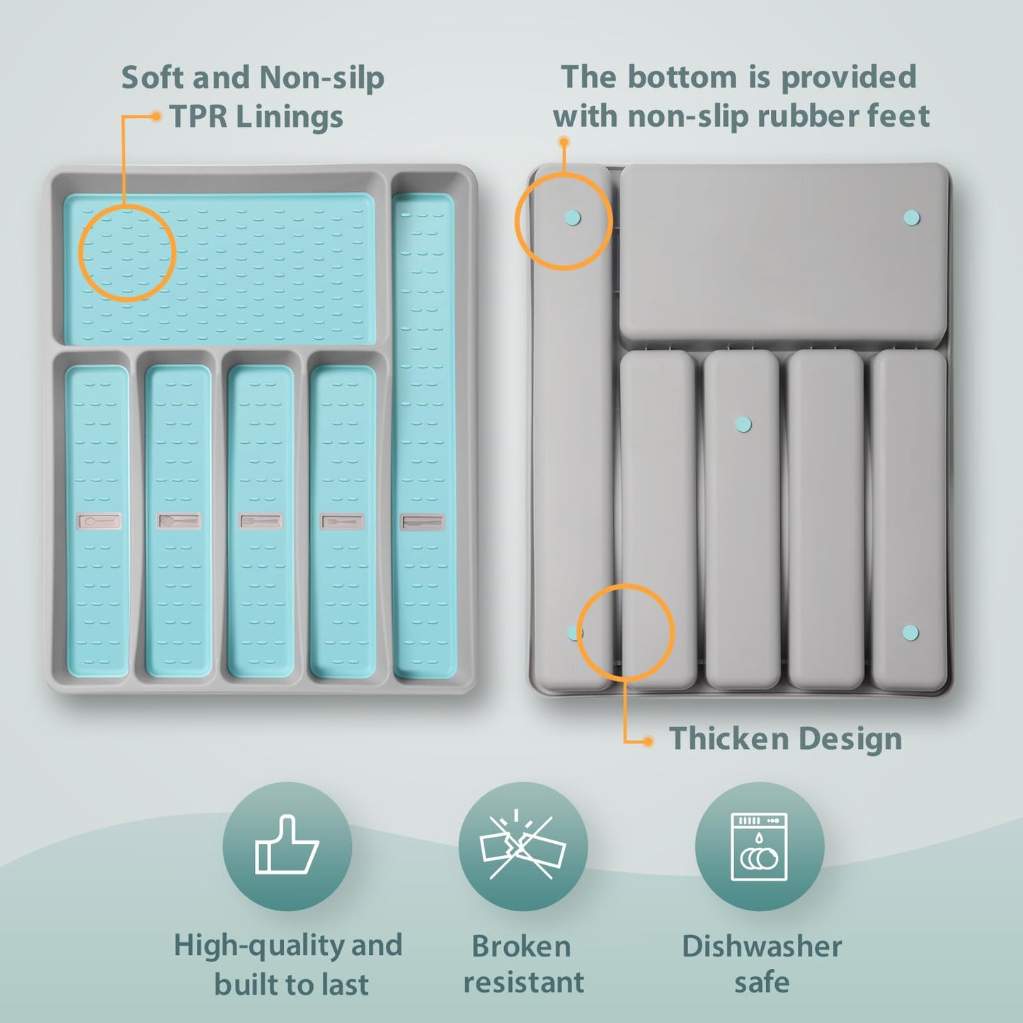 Joequality Silverware Organizer with Icons，Plastic Cutlery silverware Tray for Drawer，Utensil Tableware Flatware Organizer for Kitchen with Non-slip TPR,Fits Oversized Drawer,6-Compartment,Grey+Mint