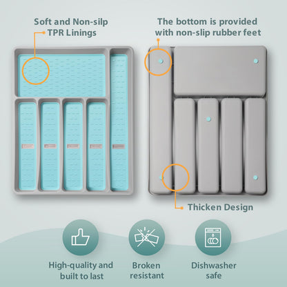 Joequality Silverware Organizer with Icons，Plastic Cutlery silverware Tray for Drawer，Utensil Tableware Flatware Organizer for Kitchen with Non-slip TPR,Fits Oversized Drawer,6-Compartment,Grey+Mint