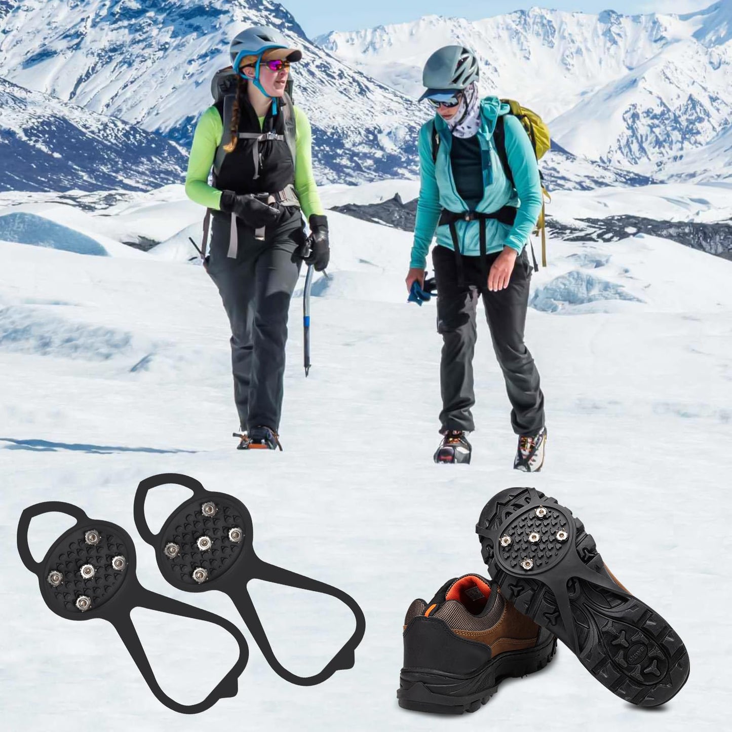 LACE INN Non Slip Gripper Spike, Ice Grippers Traction Cleats Snow Shoe Spikes Grips Crampons with 10 Steel Studs Cleats 2 Pair