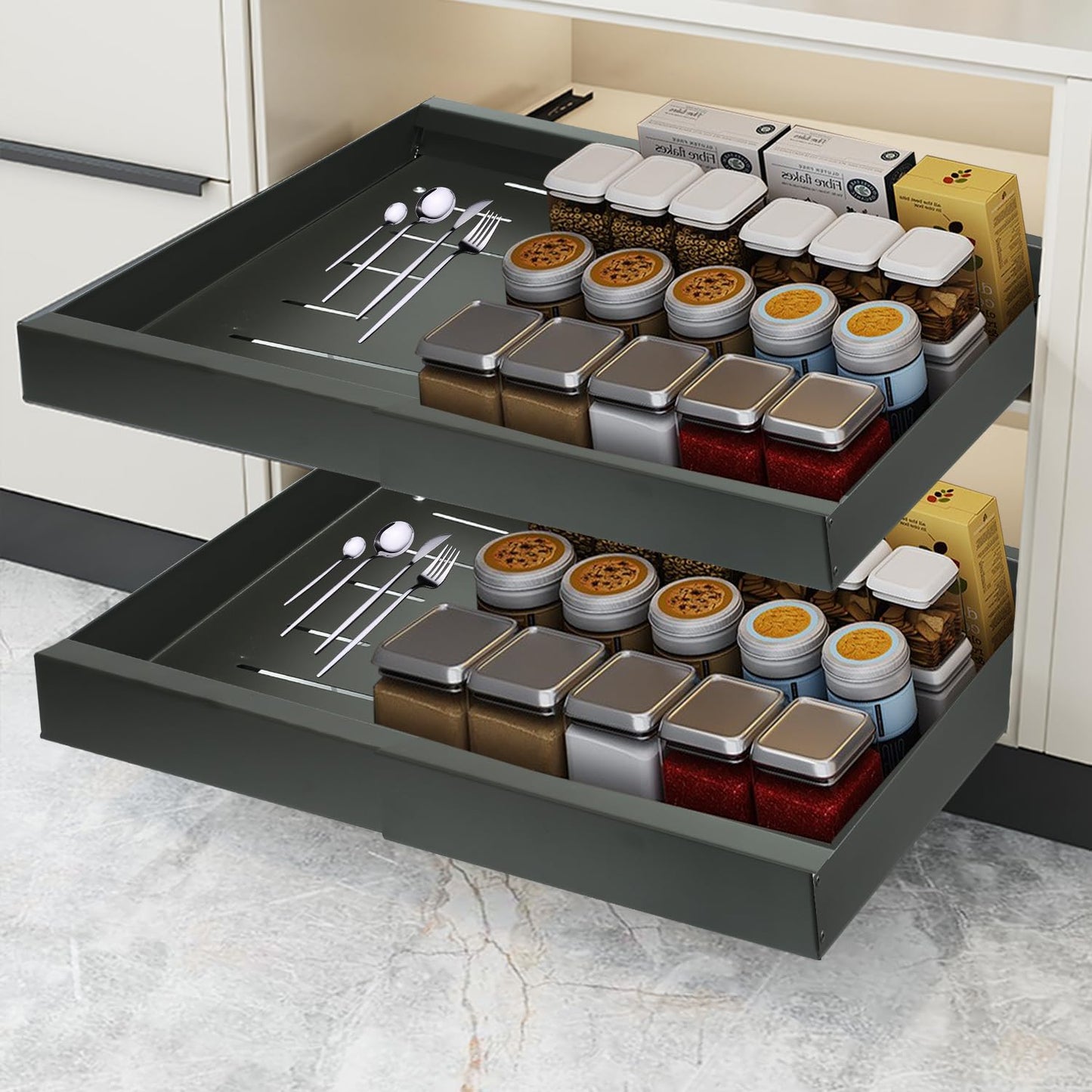 Pull Out Cabinet Organizer, Expandable Heavy Duty Slide Out Drawers with Adhesive Nano Film for Pots, Roll Out Shelf Storage for Kitchen Base Cabinet Organization, Pantry, Bathroom (Gray, 16.9" Deep)