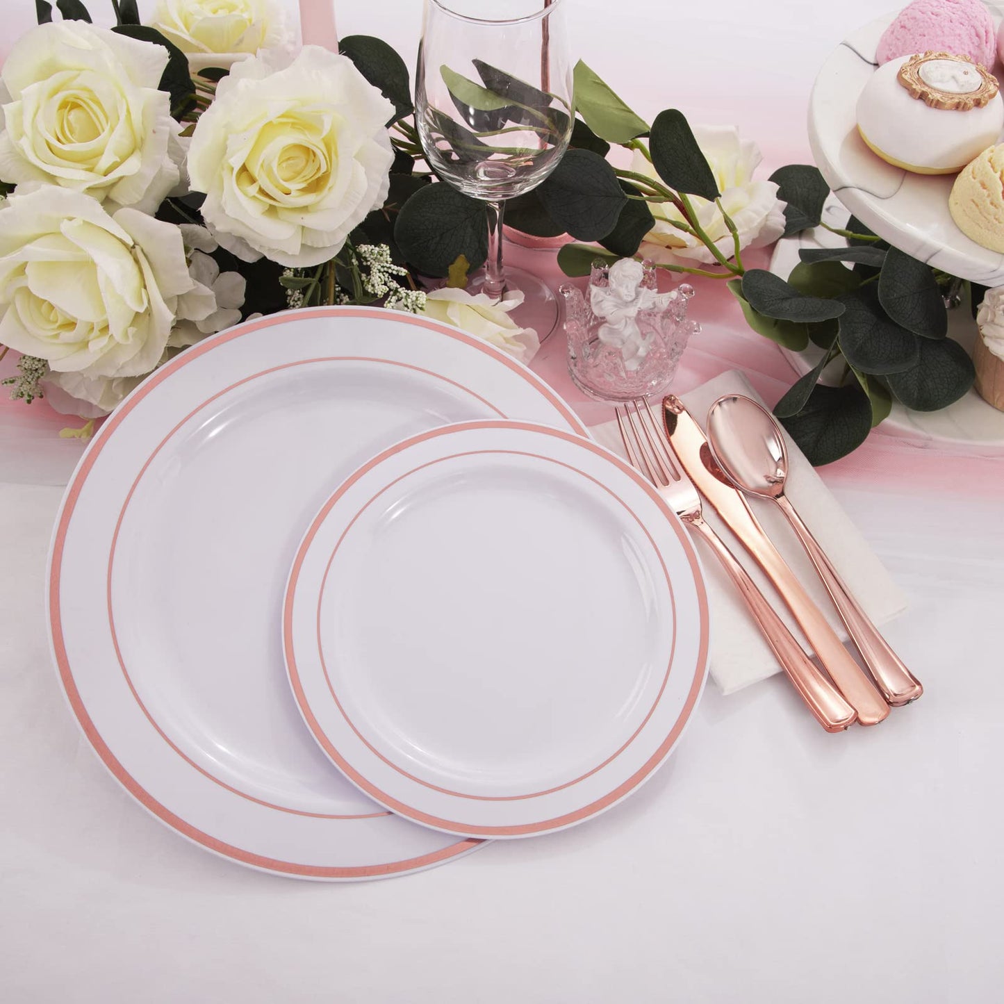 WDF 120 pieces Rose Gold Plates Disposable - Rose Gold Plastic Plates, Heavy Duty Plastic Christmas Plates 60-10.25" Dinner Plates and 60-7.5" Salad Plates Perfect for Wedding, Party