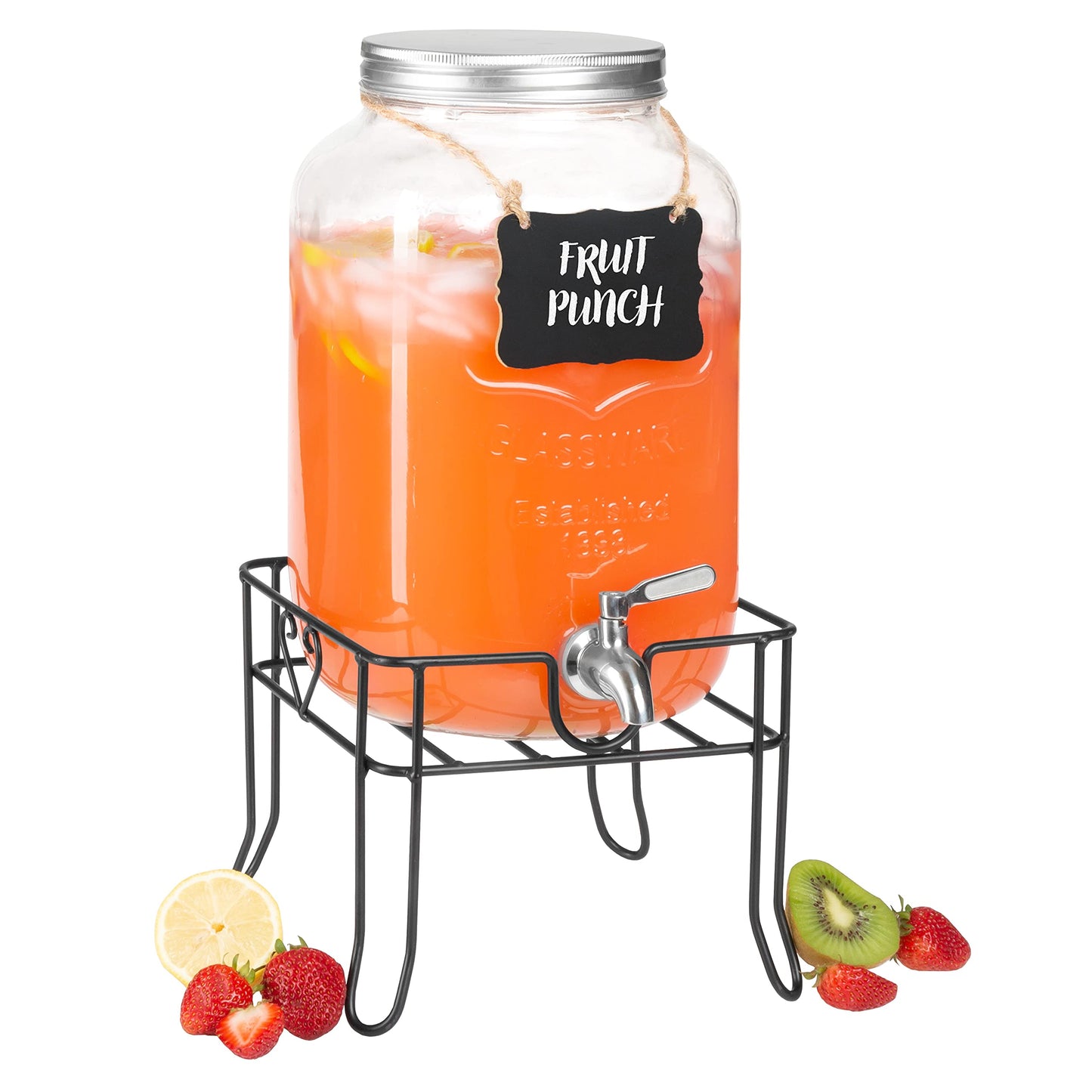 Crutello Glass Beverage Dispenser with Stainless Steel Spigot, 1 Gallon Drink Dispenser Metal Black Stand, Lemonade, Tea, Water, Laundry Detergent - A Family-Owned American Brand