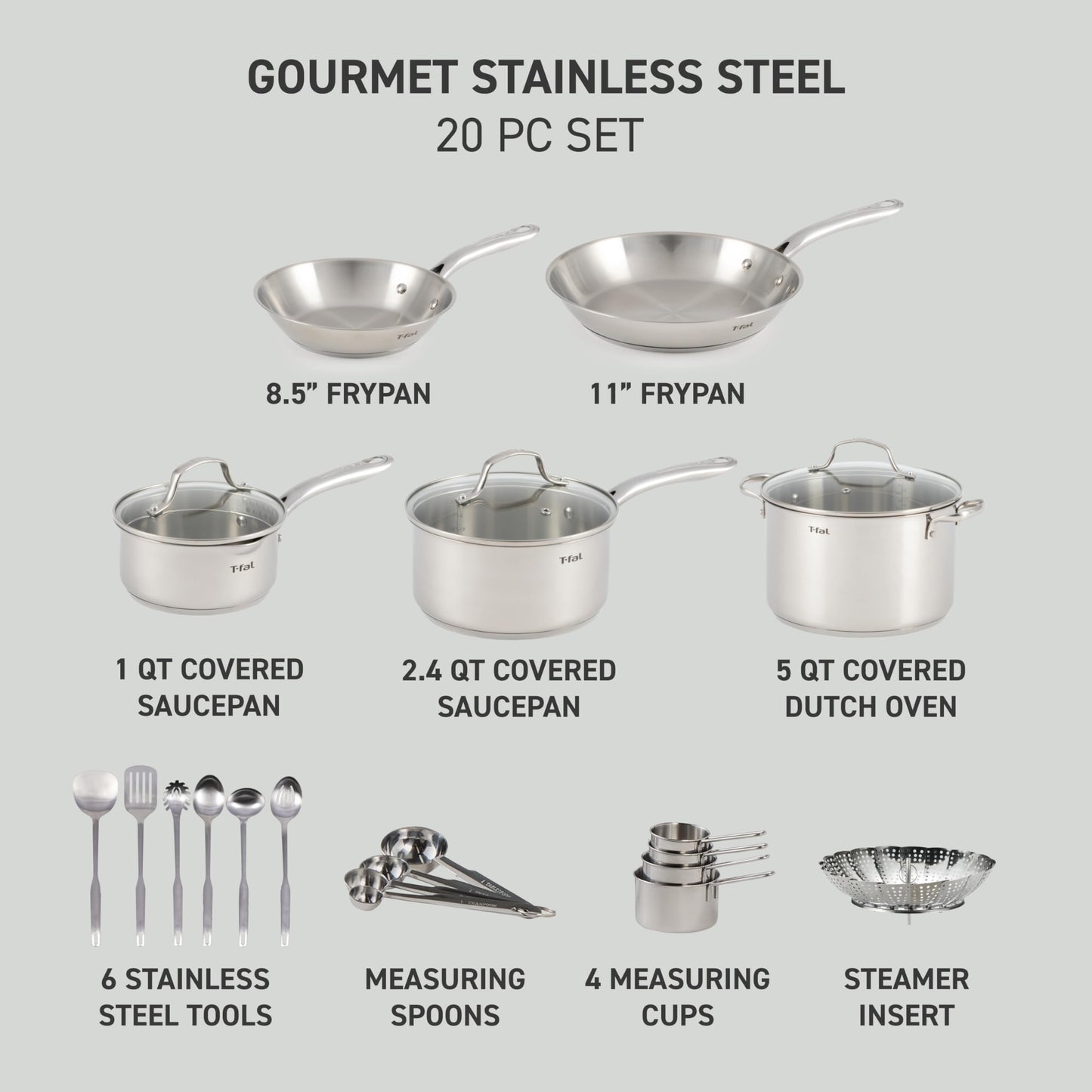 T-Fal 20-Piece Stainless Steel Cookware Set
