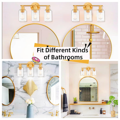 WISBEAM 3-Light Bathroom Vanity Light Over Mirror, Gold Bathroom Wall Sconce with Clear Glass Shade Including E26 Medium Base, Bulb NOT Included