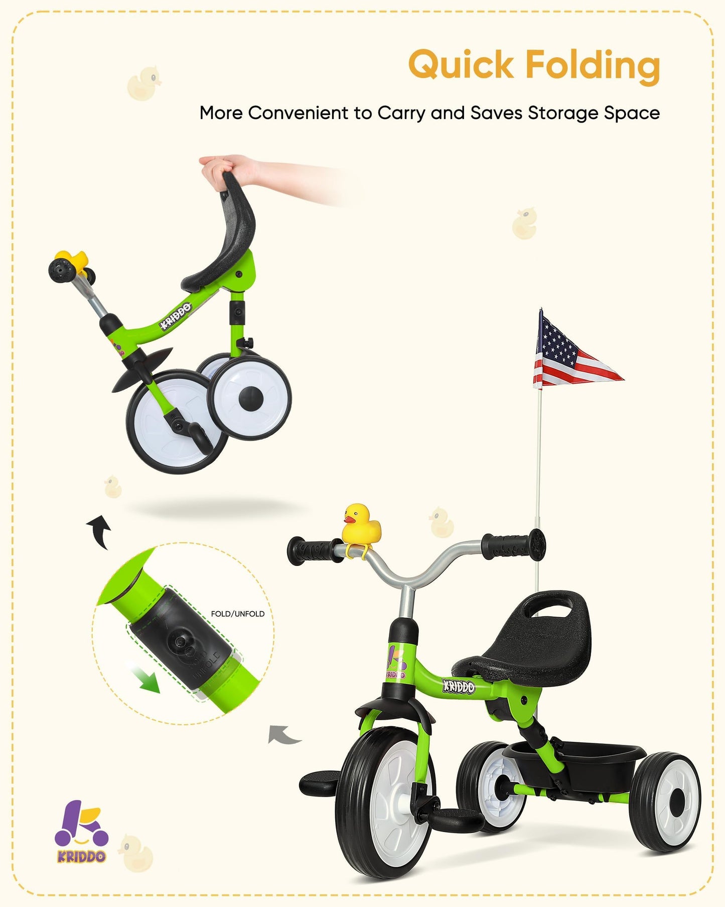 KRIDDO Kids Foldable Tricycle with Storage Basket
