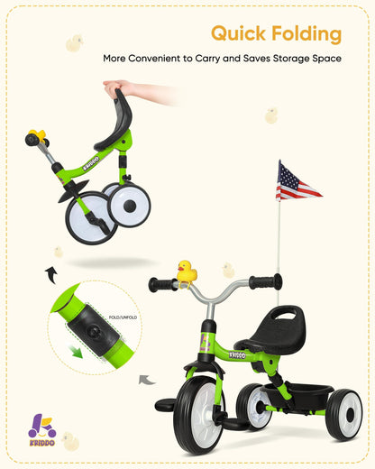 KRIDDO Kids Foldable Tricycle with Storage Basket