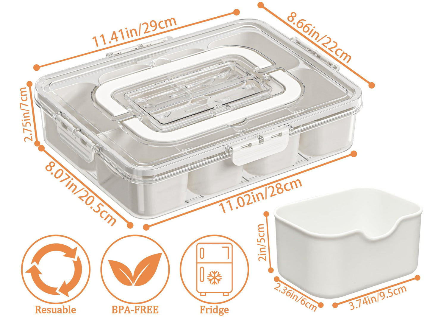 Spaclear Snack Serving Tray with Cutlery Storage, Divided Serving Tray with Lid and Handle-Portable Snackle Box Container Fruit,Veggie Tray (8 Forks, 2 Scoop)