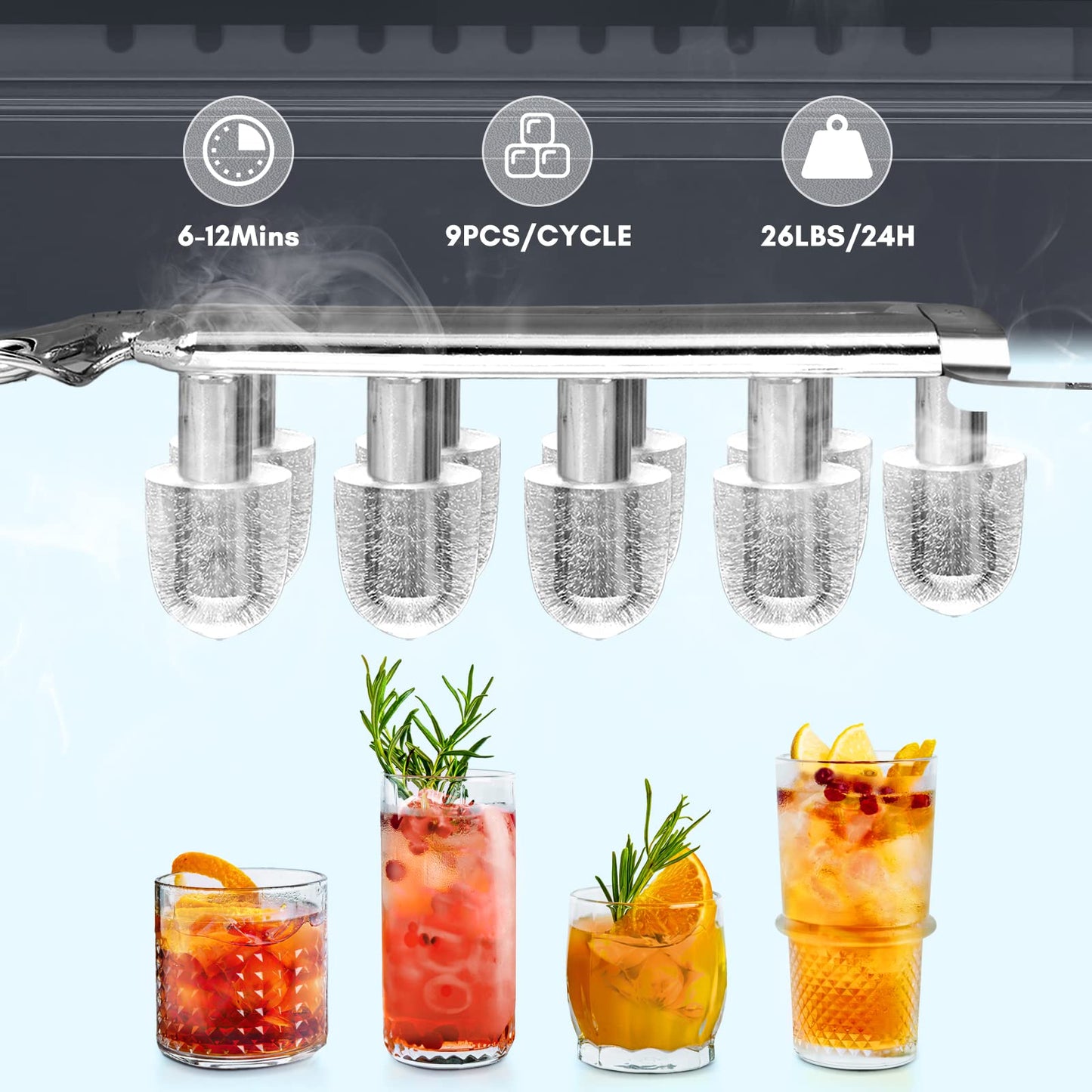 ZAFRO Ice Makers Countertop, 9 Cubes Ready in 6 Mins, Self-Cleaning Ice Machine with Detachable Double Handle and Anti-Hollowing Basket, 2 Size of Bullet Ice for Home Kitchen Office Bar Party,Black