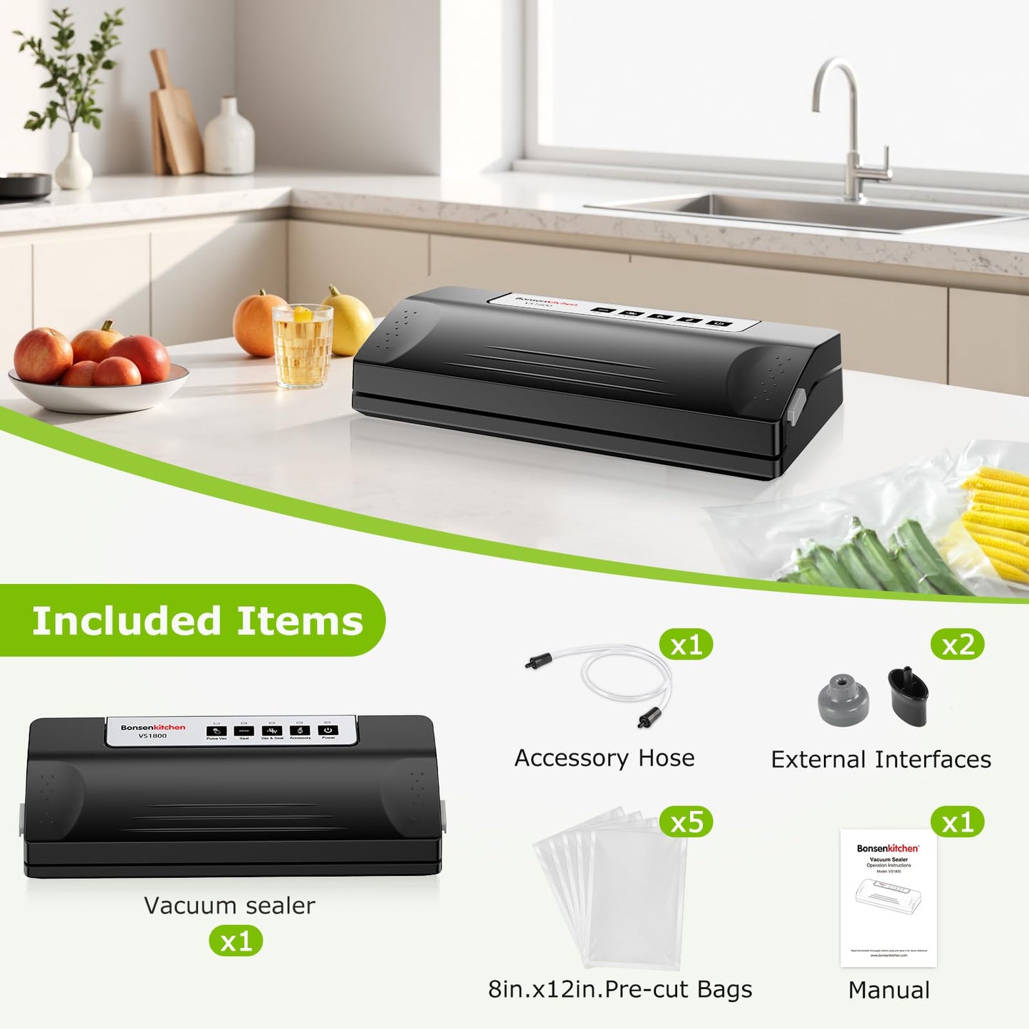 Bonsenkitchen Vacuum Sealer Machine with 5 Bags