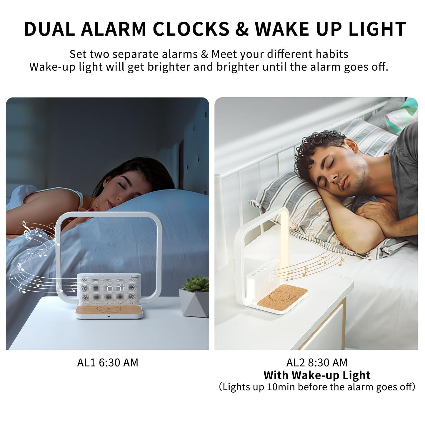 Sunrise Alarm Clock Bedside Table Lamp with Fast Wireless Charger Station for iPhone/Samsung,Wake Up Light Touch Desk Lamp with Snooze/Timer/10 Natural Sounds/3 Dimmable Nightstand Light for Bedroom