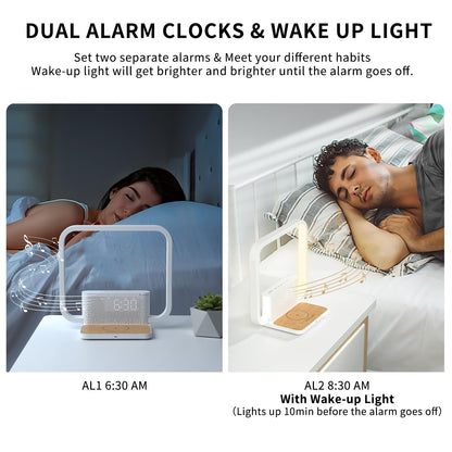 Sunrise Alarm Clock Bedside Table Lamp with Fast Wireless Charger Station for iPhone/Samsung,Wake Up Light Touch Desk Lamp with Snooze/Timer/10 Natural Sounds/3 Dimmable Nightstand Light for Bedroom