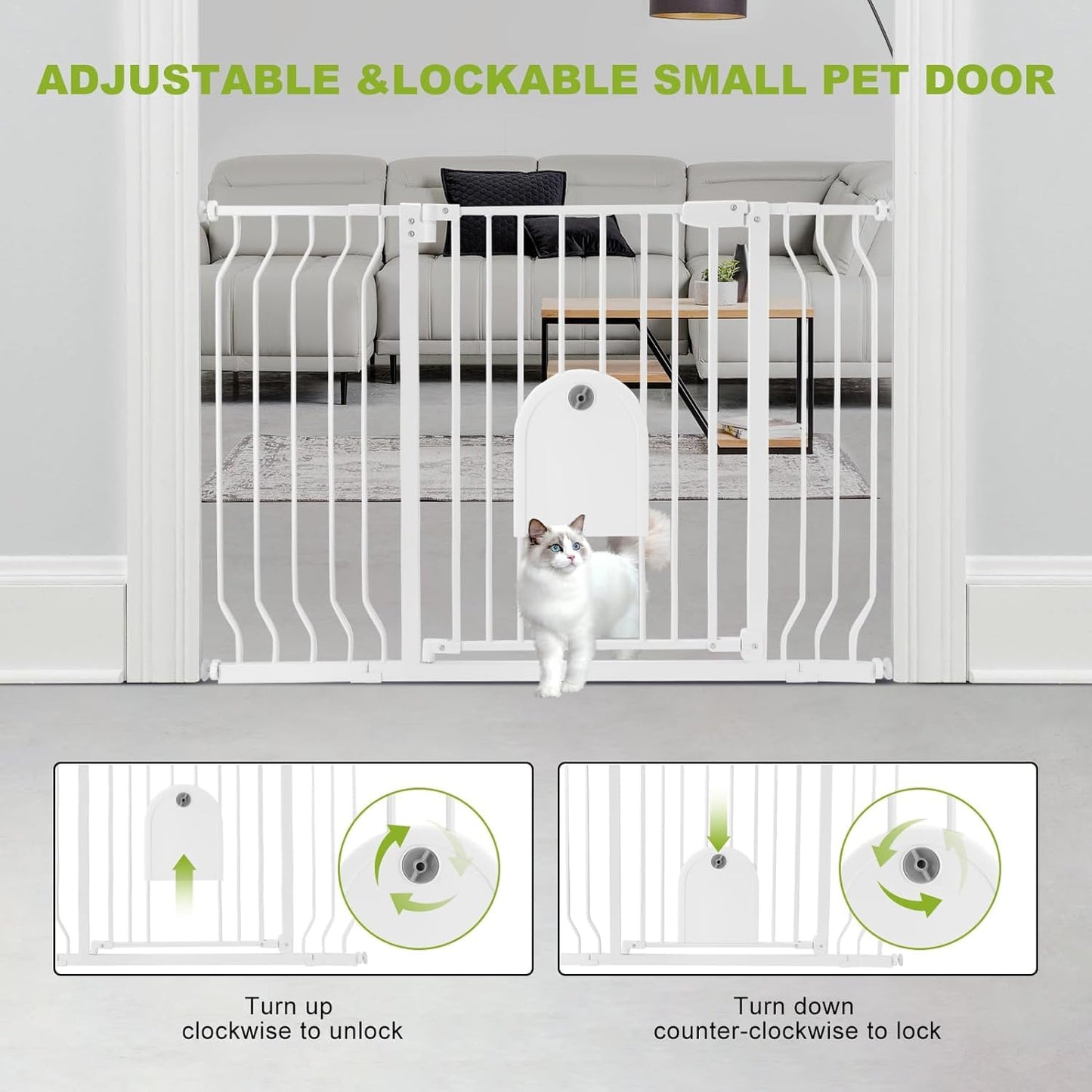 Baby Gates with Cat Door - Auto Close 29.5"-48.4" Safety Metal Dog Pet Gate for Doorway, Stairs, House, Walk Through Child Gate with Pet Door, includes 4 Wall Cups and 2 Extension Pieces